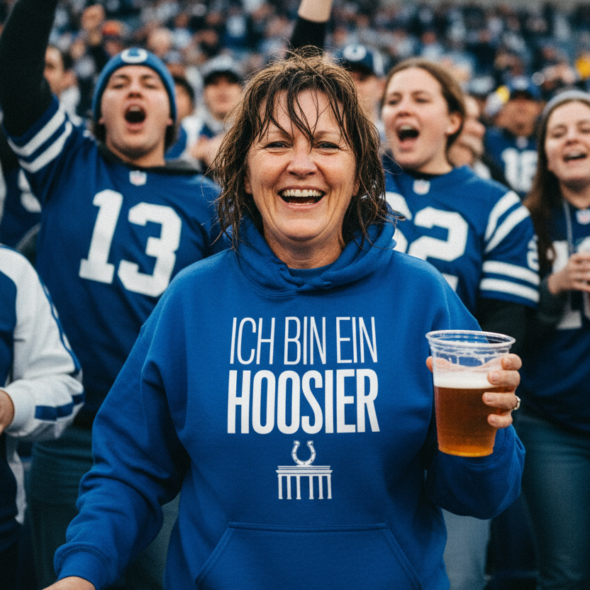 hoodie with ICH BIN EIN HOOSIER from Indianapolis Colts game in Berlin 2025